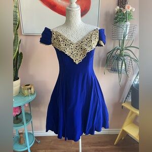 Elegant Vintage Blue Velvet & Gold Off-Shoulder Fit & Flare Dress, Sz M